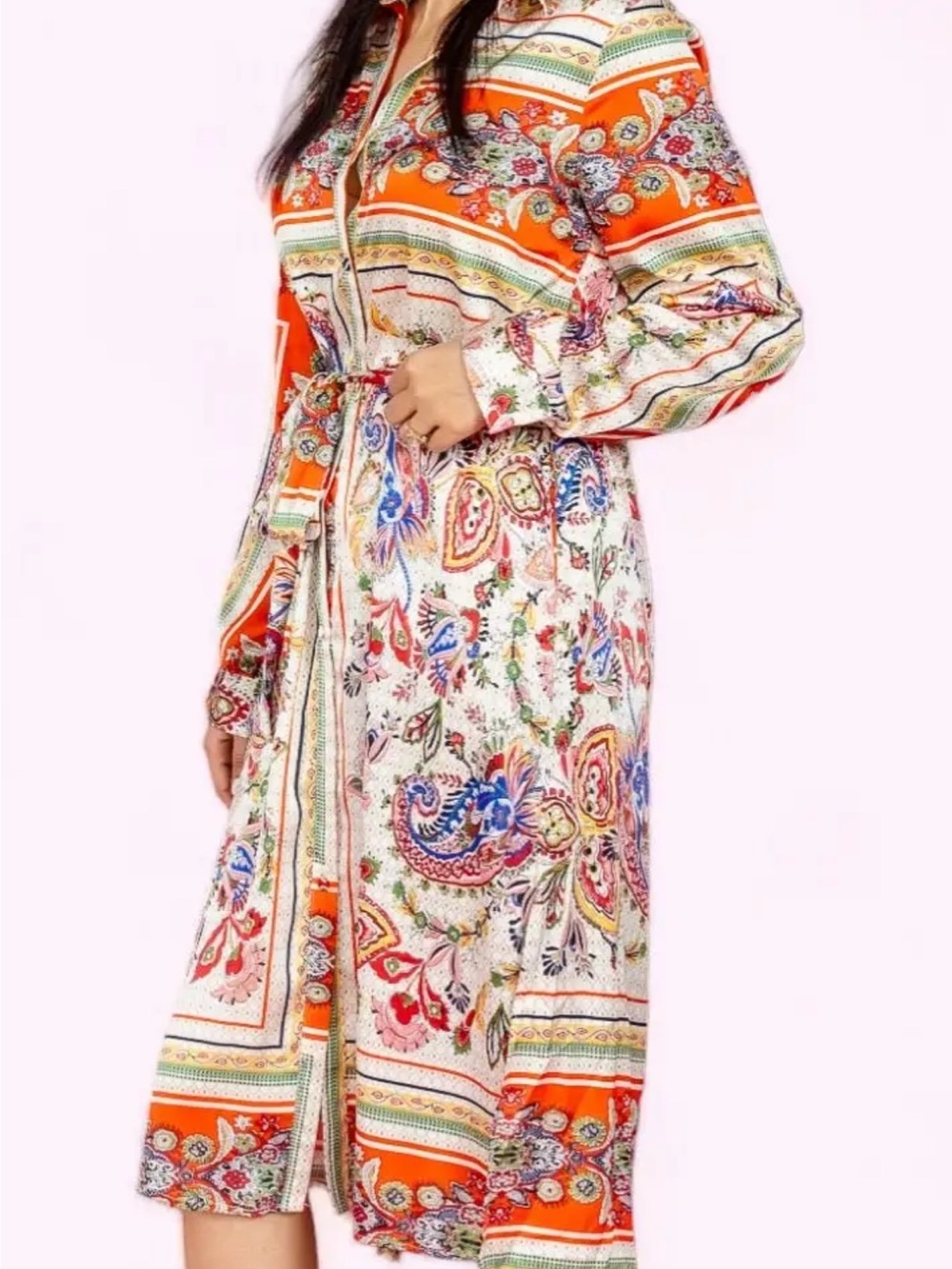 Fate Multicolor Paisley Button-Front Midi shirt Dress with Waist Tie size medium
